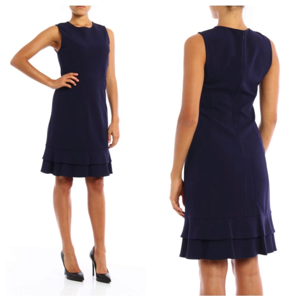 Diane Von Furstenberg Jacey Flounced Sheath Dress Sz 10 Navy Blue Quite Luxury